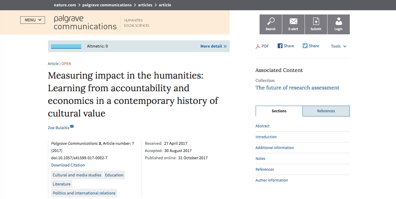Measuring impact in the humanities: Learning from accountability and economics in a contemporary history of cultural value